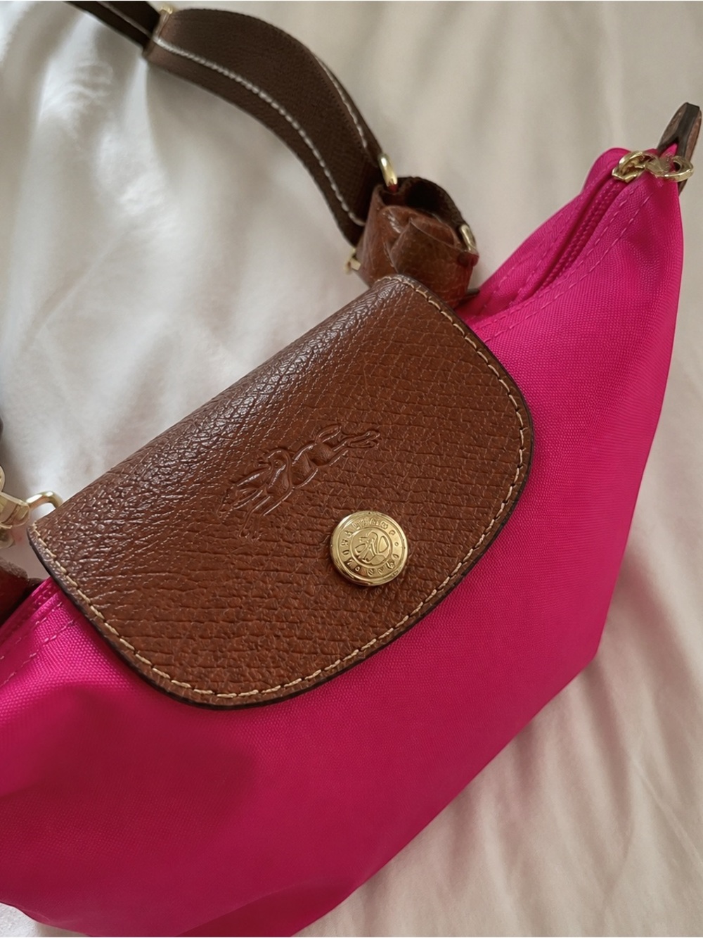 Longchamp Mini Crossbody in Fuchsia with Brown Leather Trim - Picture 2 of 4